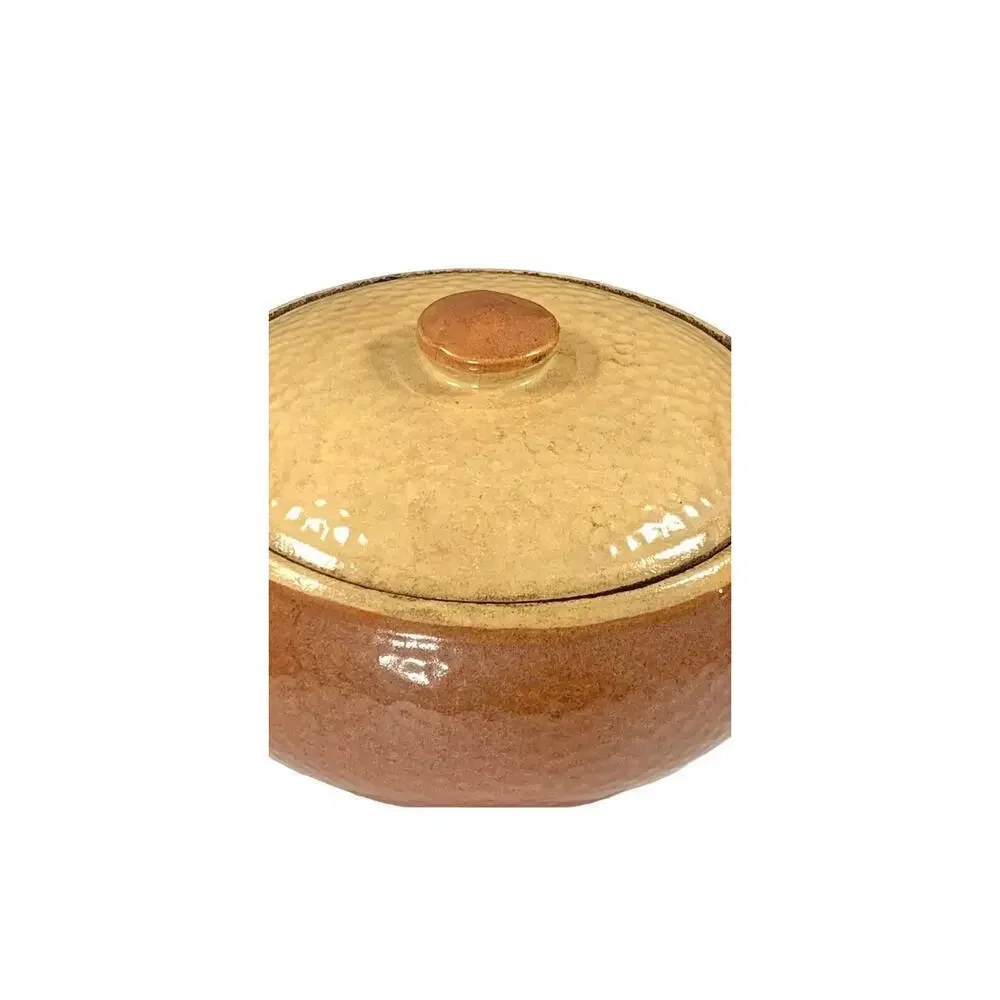 1940s Kla-Ham'rd Hammered Bean Soup Pot Brown Lid Handle 5.75” T x 8.5” Diam Vtg